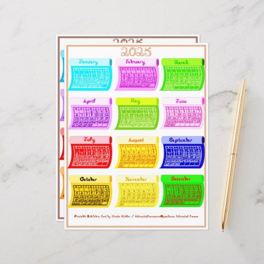 2025 Kalender Bolt Fabric Font 12 Kleurmaanden (Voorkant / Achterkant in situ)
