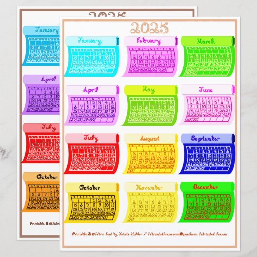 2025 Kalender Bolt Fabric Font 12 Kleurmaanden (Voorkant / Achterkant)