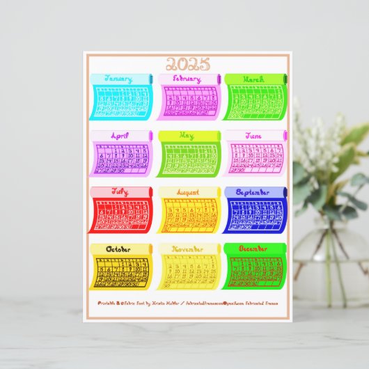 2025 Kalender Bolt Fabric Font 12 Kleurmaanden (Staand voorkant)