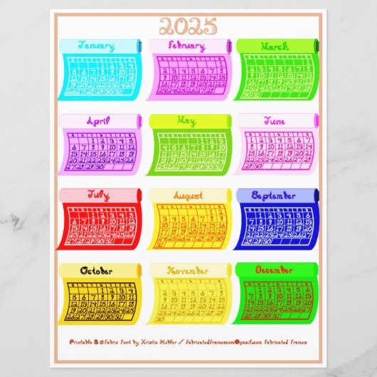 2025 Kalender Bolt Fabric Font 12 Kleurmaanden (Voorkant)