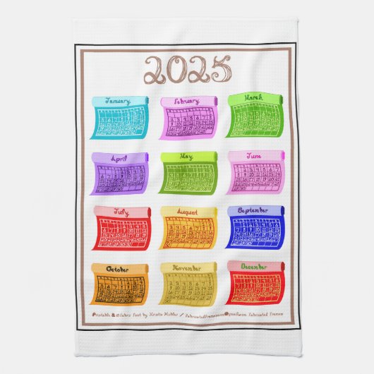 2025 Kalender Bolt Fabric Font 12 Kleurmaanden Theedoek (Verticaal)