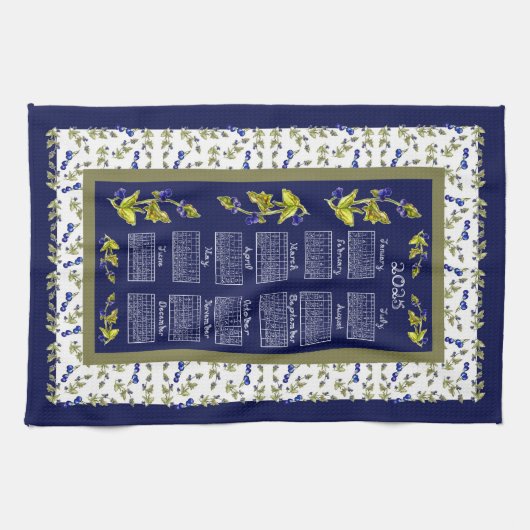 2025 Kalender Bosbessen Gestemde Bladeren Navy Tea Theedoek (Horizontaal)