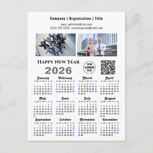 2025 Kalender Business 2 Foto Logo QR Minimalist Feestdagenkaart (Voorkant)