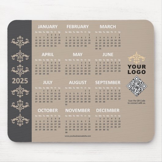 2025 Kalender Business Logo QR Code Latte Barok Muismat (Voorkant)