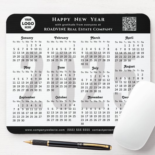 2025 Kalender Business Logo QR Modern Zwart Eenvou Muismat