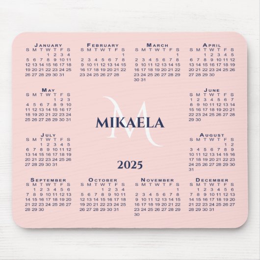 2025 Kalender Chic Monogram Naam op Koraal Roze Muismat (Voorkant)