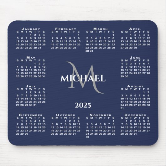 2025 Kalender Chic Monogram Naam op Navy Blue Muismat (Voorkant)