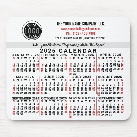 2025 Kalender Custom Business Logo Naam Wit Rood Muismat (Voorkant)