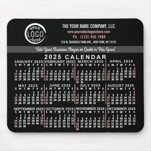 2025 Kalender Custom Business Logo Naam Zwart Rood Muismat (Voorkant)