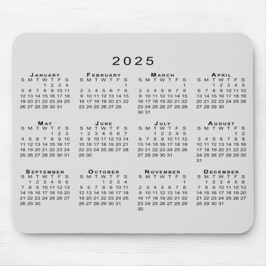 2025 Kalender Eenvoudig Grijs en Zwart Muismat (Voorkant)