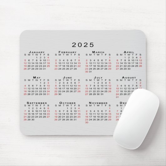 2025 Kalender Eenvoudig Grijs Zwart Rood Muismat (Met muis)
