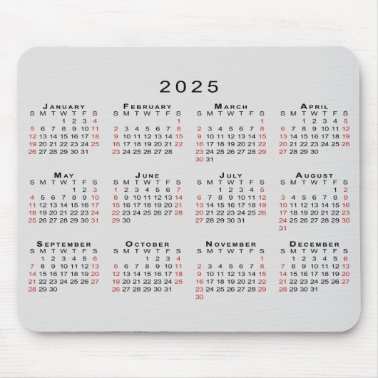 2025 Kalender Eenvoudig Grijs Zwart Rood Muismat (Voorkant)