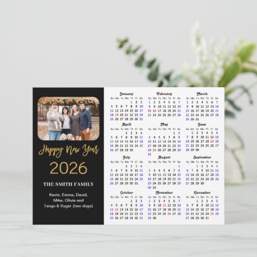 2025 Kalender Elegant Gouden Glitter Script Foto Feestdagenkaart (Staand voorkant)