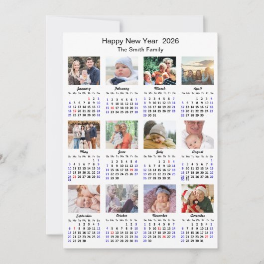 2025 Kalender Familie 12 Foto Collage Minimalist Feestdagenkaart (Voorkant)