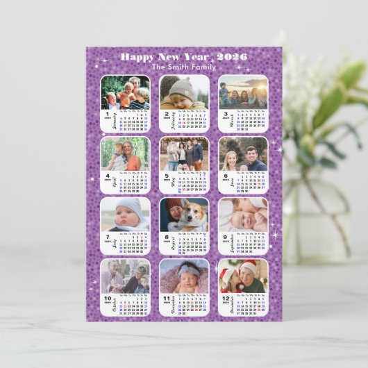 2025 Kalender Familie 12 Foto Collage Minimalist Feestdagenkaart (Staand voorkant)