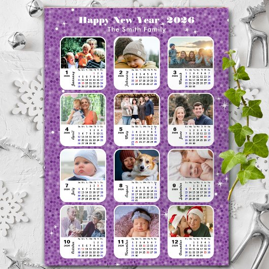 2025 Kalender Familie 12 Foto Collage Minimalist Feestdagenkaart