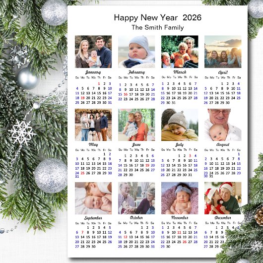 2025 Kalender Familie 12 Foto Collage Minimalist Feestdagenkaart
