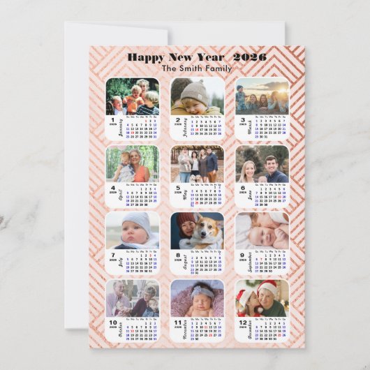 2025 Kalender Familie 12 Foto Collage Modern Roze Feestdagenkaart (Voorkant)