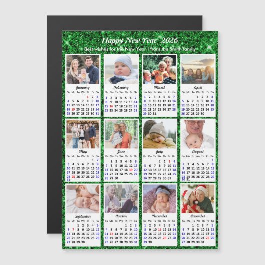 2025 Kalender Familie 12 Foto Modern Green Glitter (Voorkant / Achterkant)