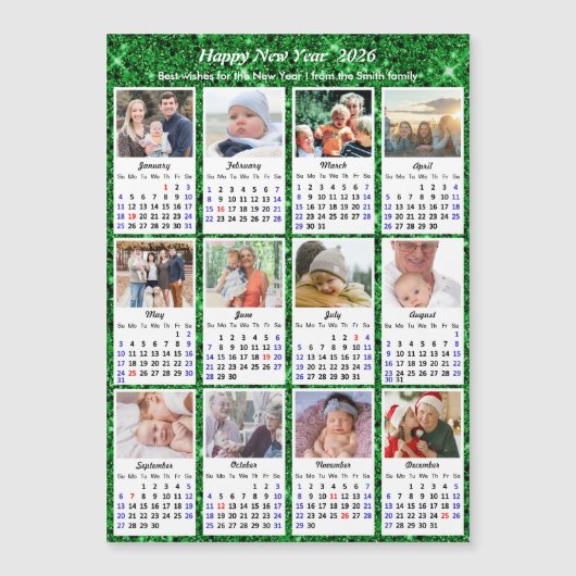 2025 Kalender Familie 12 Foto Modern Green Glitter (Voorkant)