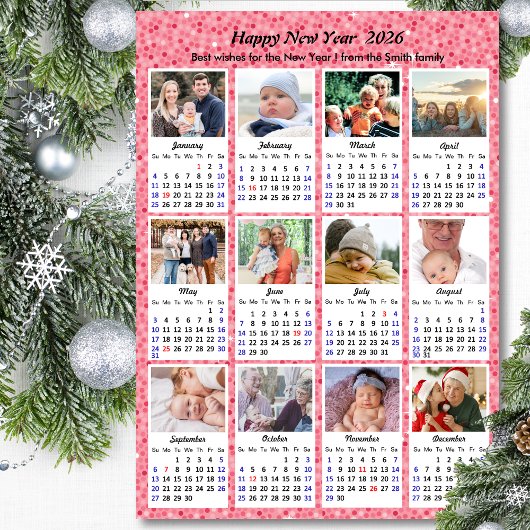 2025 Kalender Familie 12 Foto Modern Roze Glitter