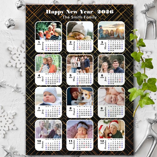 2025 Kalender Familie 12 Foto Modern Zwart Goud