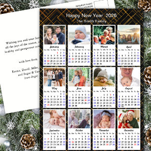 2025 Kalender Familie 12 Foto Modern Zwart Goud Feestdagenkaart