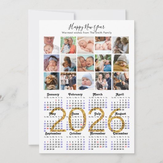 2025 Kalender Familie 15 Foto Collage Goud Glitter Feestdagenkaart (Voorkant)