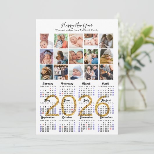 2025 Kalender Familie 15 Foto Collage Goud Glitter Feestdagenkaart (Staand voorkant)