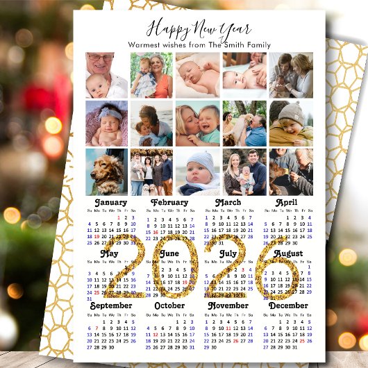 2025 Kalender Familie 15 Foto Collage Goud Glitter Feestdagenkaart