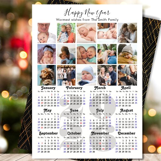 2025 Kalender Familie Fotocollage Elegant Script Feestdagenkaart