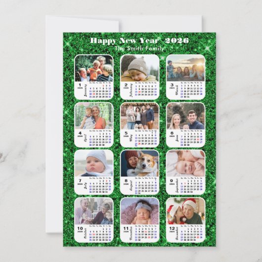2025 Kalender Familie Fotocollage Feestelijk Groen Feestdagenkaart (Voorkant)