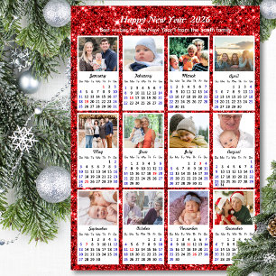 2025 Kalender Feestelijke Rode Glitter 12 Fotocoll Feestdagenkaart