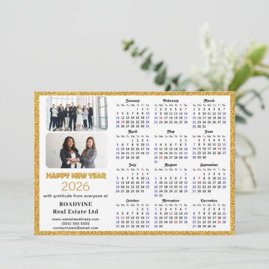 2025 Kalender Gouden Glitter Bedrijfsfoto Nieuwjaa Feestdagenkaart (Staand voorkant)