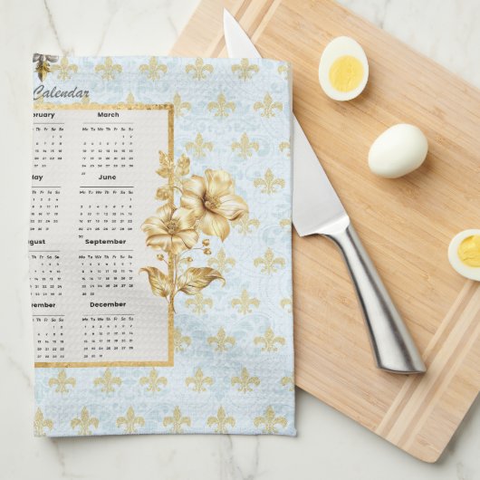 2025 Kalender Handdoek Blauw Fleur de Lis Parijse (Quarter Fold)