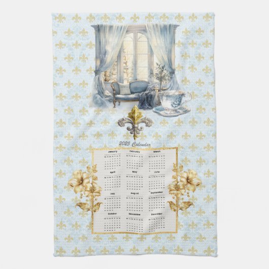 2025 Kalender Handdoek Blauw Fleur de Lis Parijse (Verticaal)