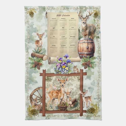 2025 Kalender Handdoek Deer Buck Pansies Eikels Gr (Verticaal)