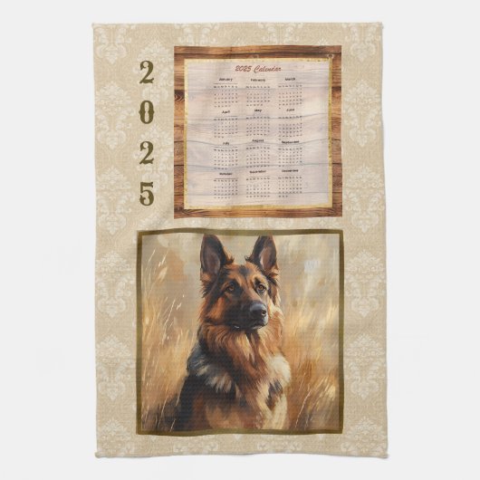 2025 Kalender Handdoek Duitse Herder Tan Damask (Verticaal)