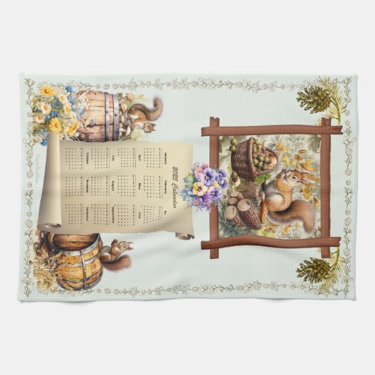 2025 Kalender Handdoek Eekhoorns Pansies Acorns Gr (Horizontaal)