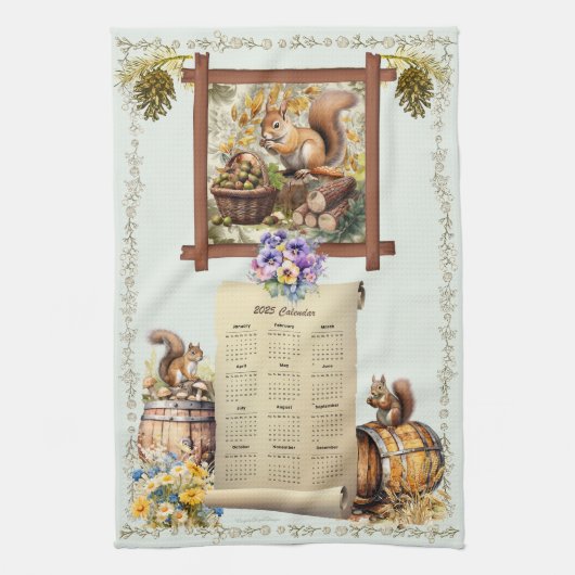 2025 Kalender Handdoek Eekhoorns Pansies Acorns Gr (Verticaal)