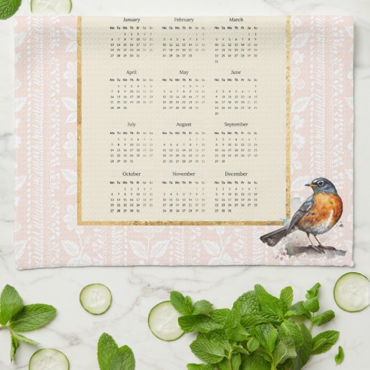 2025 Kalender Handdoek Robin Bird Peach Damask (Gevouwen)