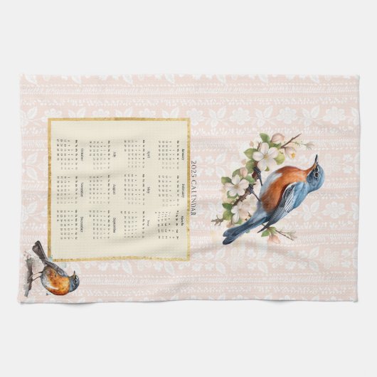 2025 Kalender Handdoek Robin Bird Peach Damask (Horizontaal)