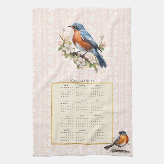 2025 Kalender Handdoek Robin Bird Peach Damask (Verticaal)