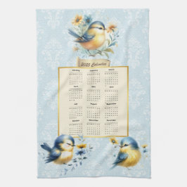 2025 Kalender Handdoek Schattige Folk Birds Blauw 