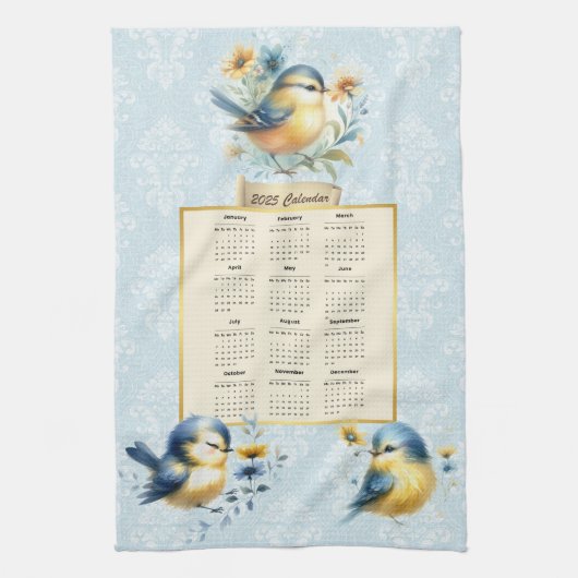 2025 Kalender Handdoek Schattige Folk Birds Blauw  (Verticaal)
