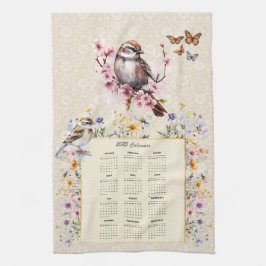 2025 Kalender Handdoek Sparrow met Wildbloemen