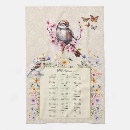 2025 Kalender Handdoek Sparrow met Wildbloemen (Verticaal)