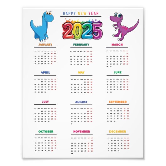 2025 Kalender Kleurrijke Grappige Dinosaurus Foto Afdruk (Voorkant)