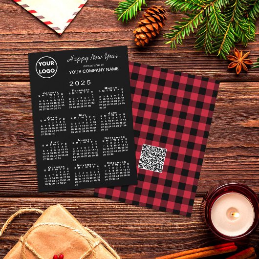 2025 Kalender Logo QR Code Rood Zwart Buffel Check Feestdagenkaart