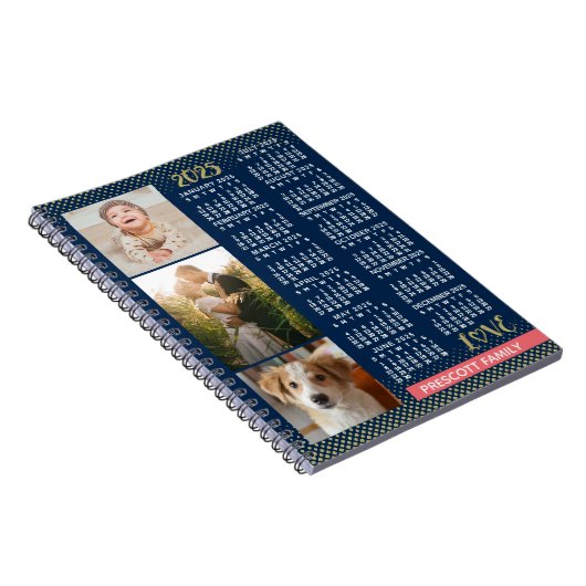 2025 Kalender Marine Koraal Goud Familie Fotocolla Notitieboek (Rechterzijde)